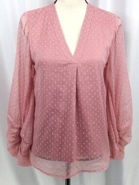 Panhandle Slim Top Women's Size Small Pink Chiffon Clip Dot Puff Sleeve V-Neck